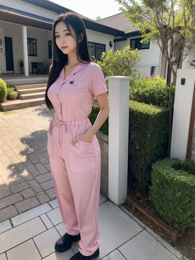 Beautiful girl in scrubs outfit Standing in front of the entrance to the house,Medium-sized breasts,long black hair,sexly,realistically,realistic