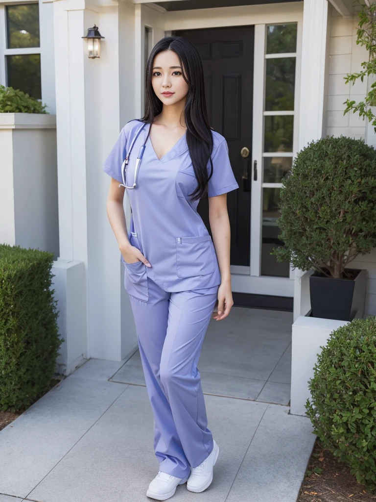 Beautiful girl in scrubs outfit Standing in front of the entrance to the house,Medium-sized breasts,long black hair,sexly,realistically,realistic