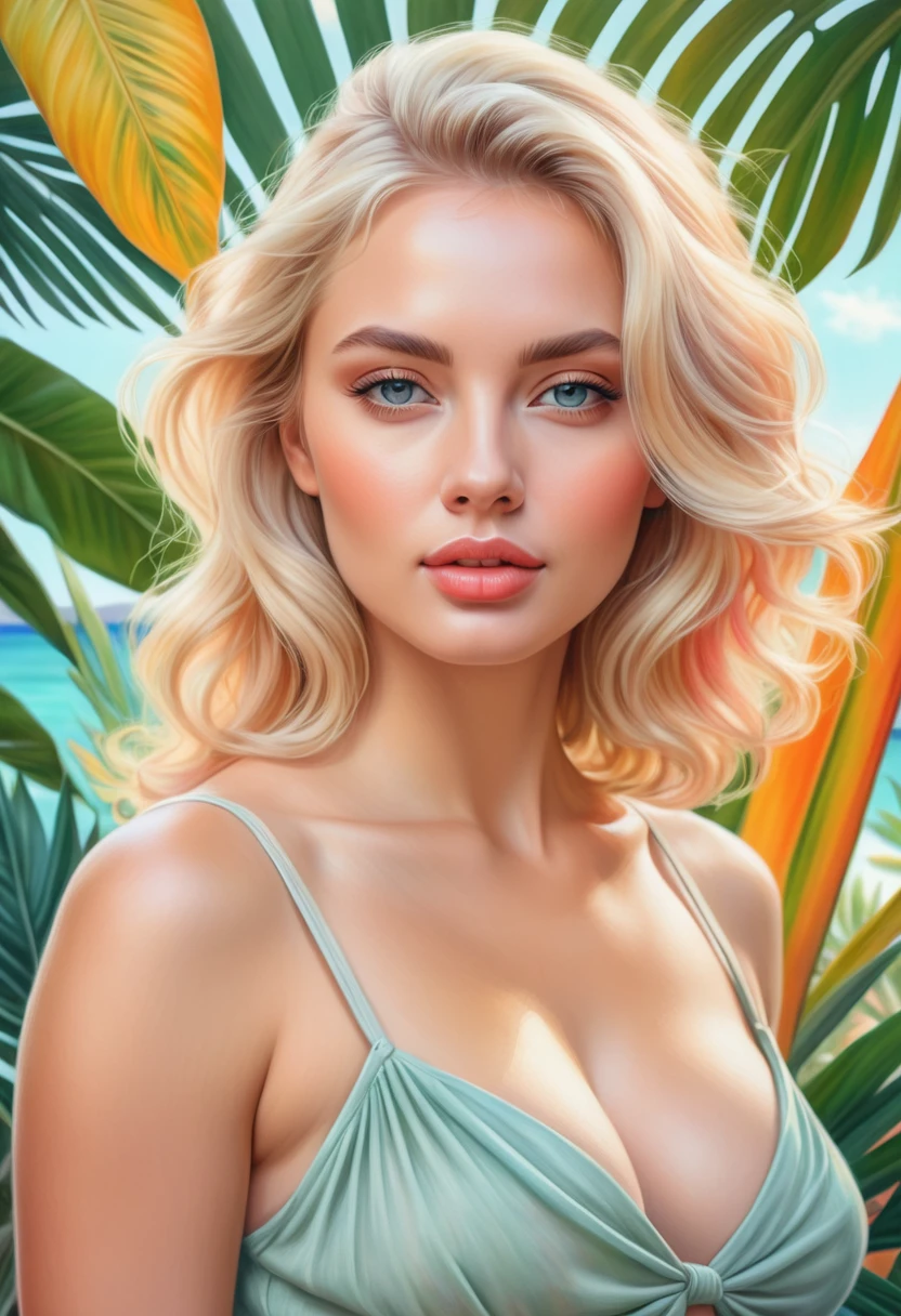 a blonde woman, in the style of natural, big chest, in a tropical island, pastel drawing art style, pastel colors, delicate shading, dynamic composition, soft and velvety pastel textures, amazing pastel drawing