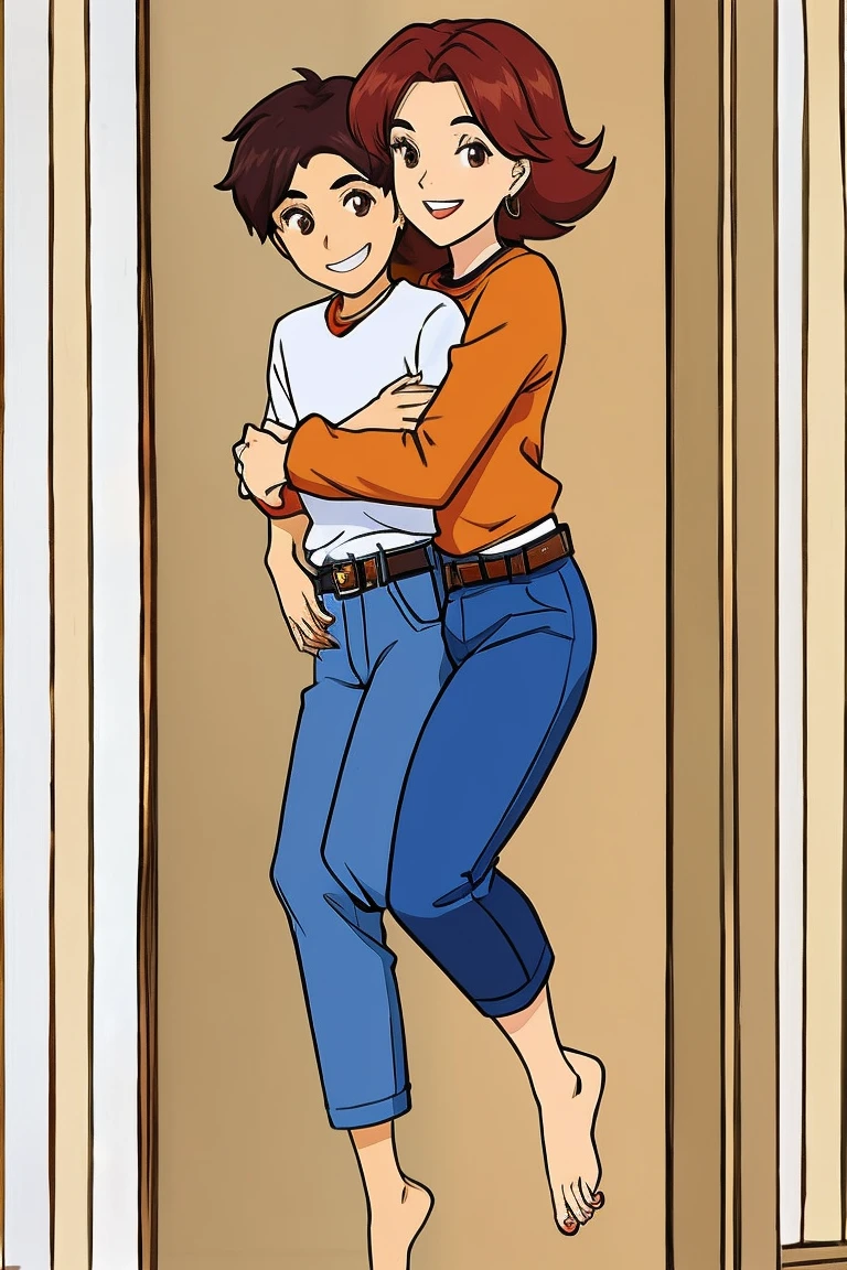 in.I.t.C.h., adult girl, Brown eyes, wide, Red hair, perfect body, White skin, whole body, orange sweater, blue jeans with belt, barefoot, hugging, smiling, looking at someone, , Brown eyes, short hair, Brown hair, White skin, whole body, white shirt blue stripes, long brown shorts.