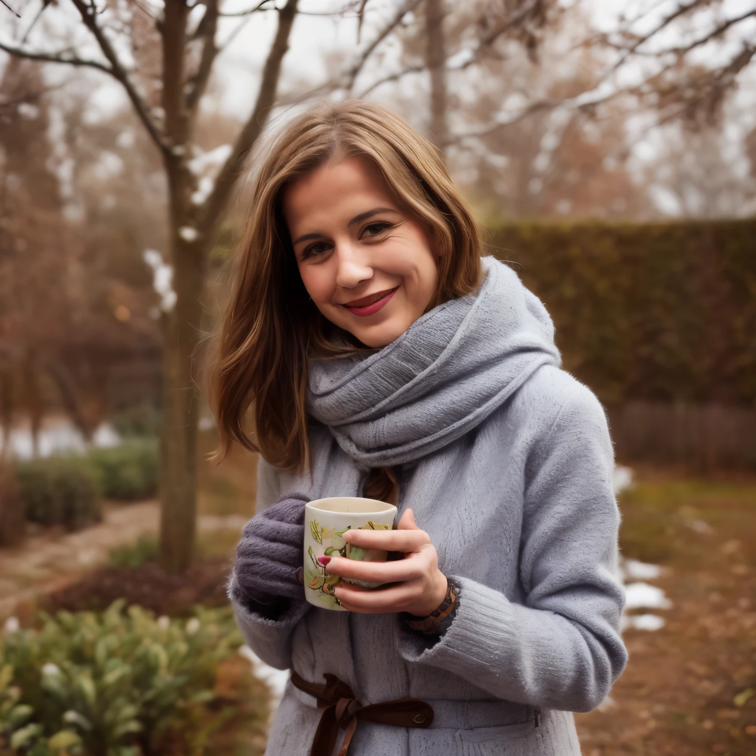 January - Winter Garden Respite
In this January calendar scene, the portrait of 1woman blond LaGermania happy curious deductive smiling captures the tranquility of a winter garden respite. She stands amidst bare fruit trees and dormant flower beds, dressed in a wool coat and knit scarf in shades of frosty blue and earthy brown. The coat is adorned with faux fur trim and lined with thermal insulation, reflecting the warmth and elegance of winter garden attire. LaGermania's blonde hair is styled in a loose bun, adorned with a knitted headband and gloves that keep her hands warm while tending to the garden. Around her, frost-kissed branches and snow-covered paths create a serene backdrop, bathed in the soft light of a winter afternoon. The scene features garden tools leaning against a shed and birds perched on frosty branches, evoking the peacefulness of a dormant garden in January. LaGermania's posture exudes relaxation, one hand adjusting her scarf while the other holds a steaming mug of herbal tea. Her expression is filled with contentment and joy, a seductive smile hinting at the anticipation of spring blooms. This scene captures the essence of winter garden solitude and seasonal transitions, with every detail from the wool coat to the frost-covered landscape meticulously described.