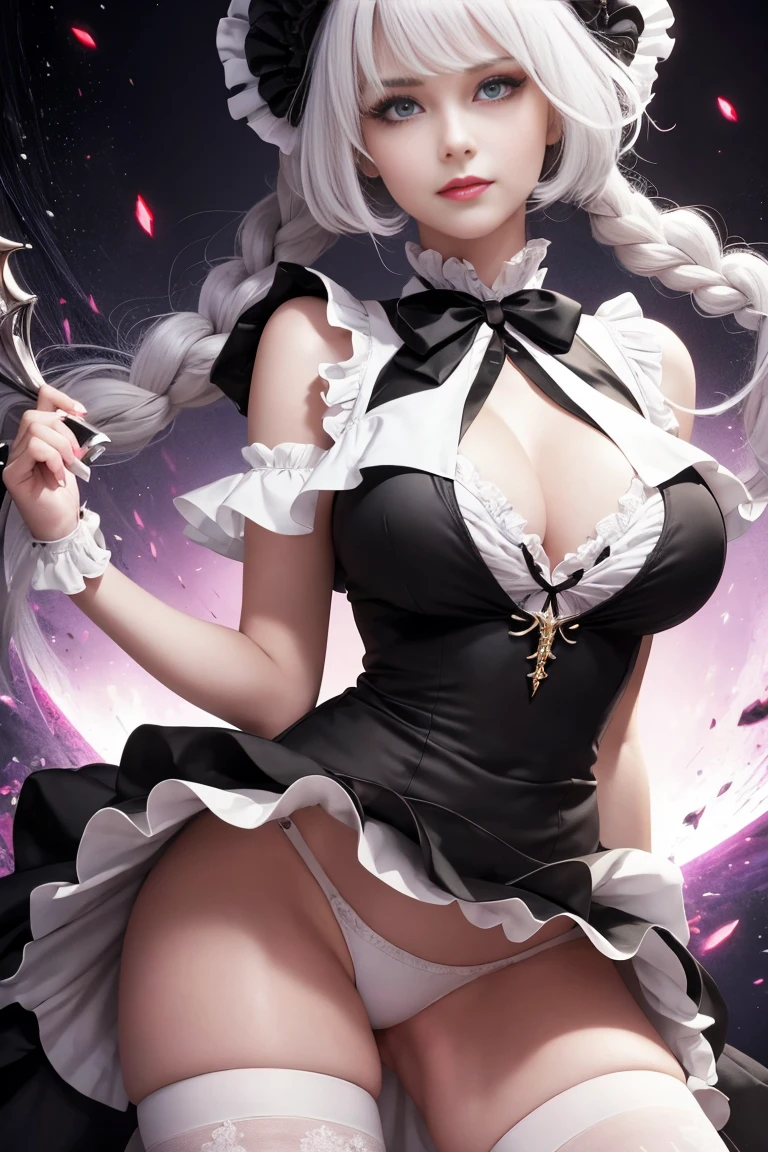 stunningly beautiful woman, a digital painting of a busty woman in a black dress, full body, retro pulp noir comic cover, view from above, sexy girl (close up:1.4)、(RAW Shooting:1.2)、(Reality:1.4)、(masterpiece:1.3)、(Highest quality:1.4)、(Headdress、White shirt、Black Ribbon、ruffle skirt、Puff sleeves、collar、Necklace、Thin white apron ruffles:1.3)、White knee socks、White maid outfit、Huge ,White hair,Black Hair,Colorful Hair,short hair,Straight Hair,White hair long braid,Glowing red eyes,Red X pupil(focus),full-body shot,Smile, mafia, marvel comic book characters, award-winning artwork, the smooth black lioness, beautiful rendering, widow maker, wasp chiaroscuro , ray tracing, flirty, alluring, glam makeup,