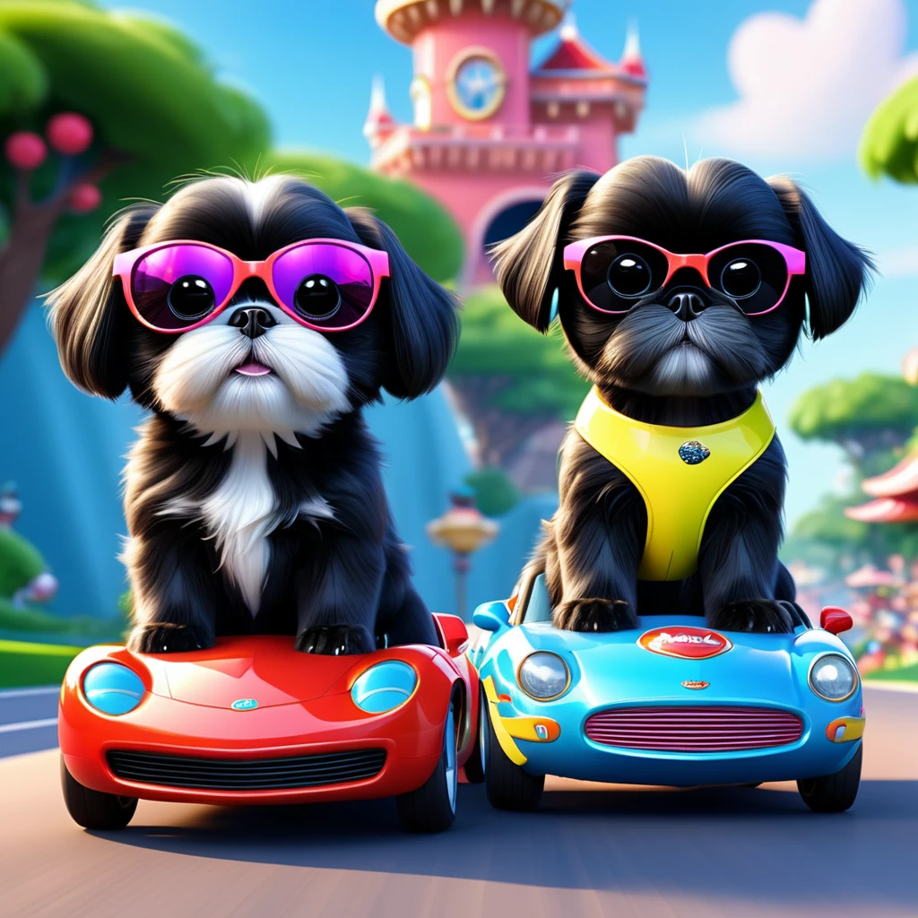 2 Adorable small black Shih Tzu puppies wearing bright sunglasses car racing Disney background 3d cartoon 3d render disney pixar style