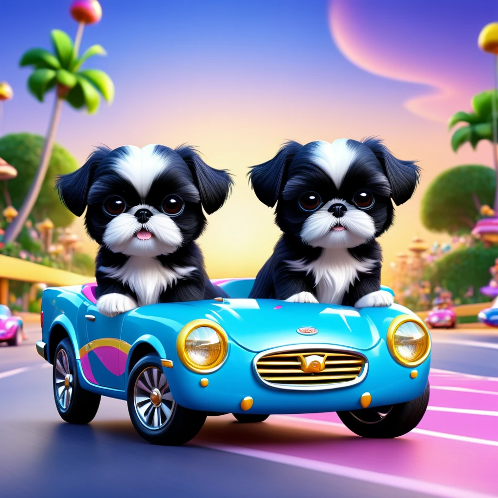 2 Adorable small black Shih Tzu puppies wearing bright sunglasses car racing Disney background 3d cartoon 3d render disney pixar style