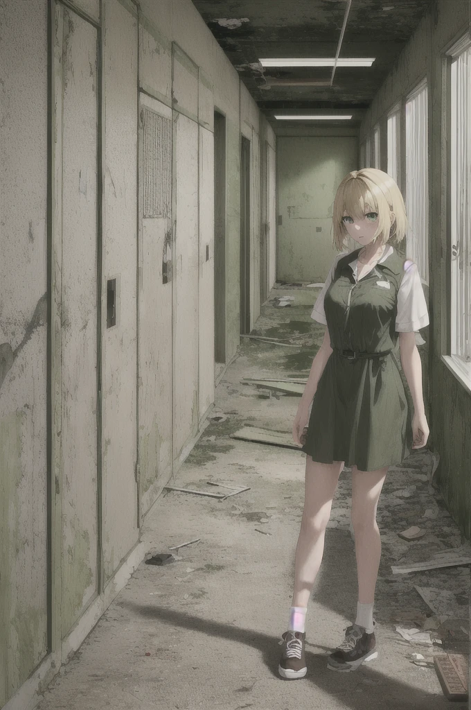 Girl with blonde hair and green eyes in the middle of an abandoned hospital