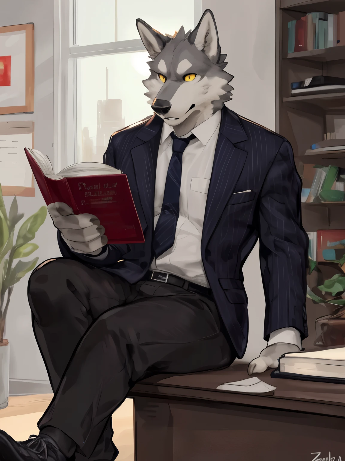 (soft shading), 4K, ((detailed face, detailed, best quality, Artwork, detailed anatomy, detailed eyes, detailed hands, perfect lighting, perfect shading)), by buta99, by zackary911, by dangpa, 1 man, gray wolf, yellow eyes, muscular body, black striped vest suit, white buttoned blouse with sleeves underneath, black pants, black shoes, reading a book, office scene