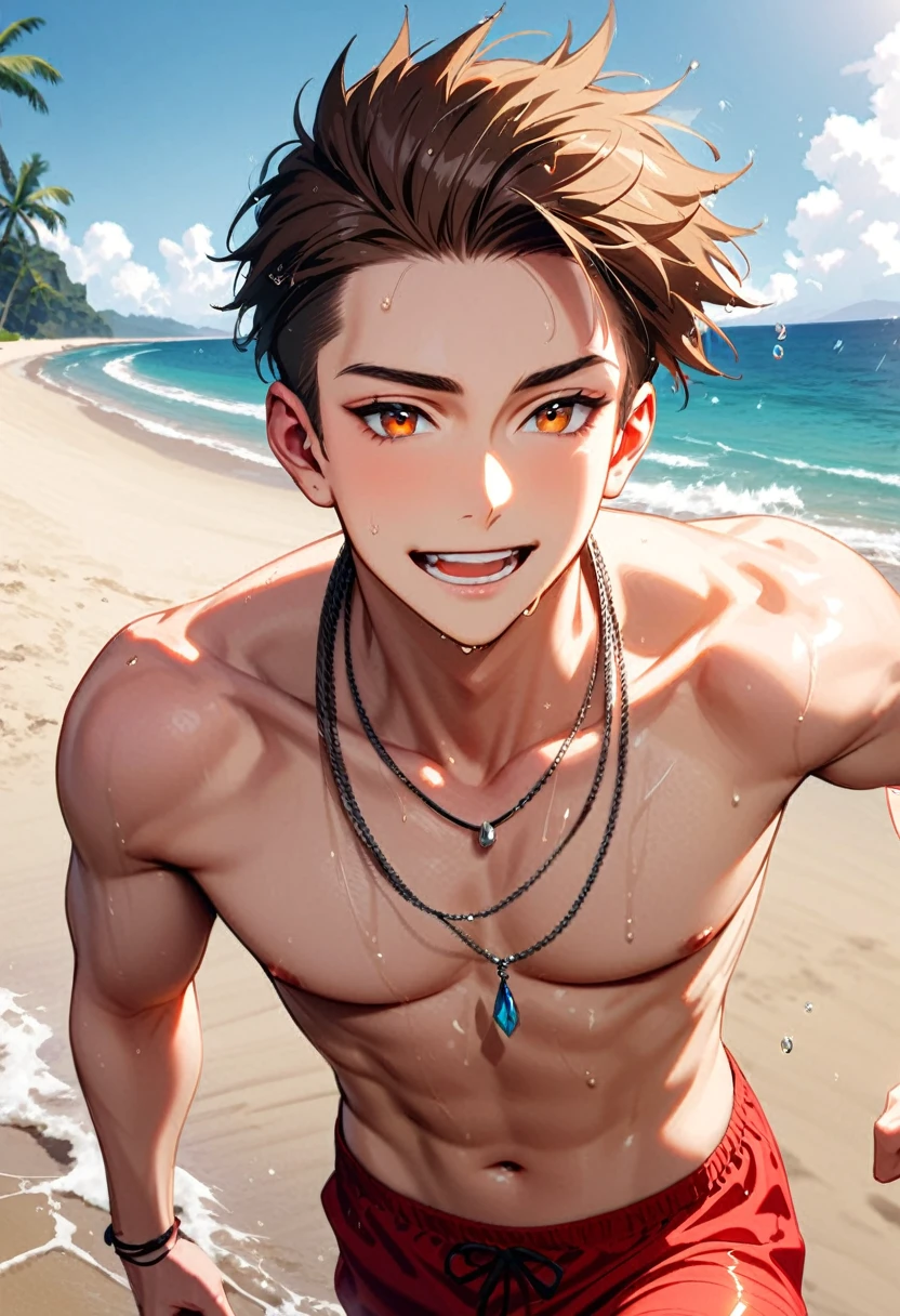 A young man, 21-years-old, solo, Caucasian, mature face, wild spiky undercut brown hair, orange eyes, daring smile, mouth open, no shirt, shirtless, red swimming trunks, thin silver necklace, beach, running towards ocean, looking off into the distance, wet, splashes of water