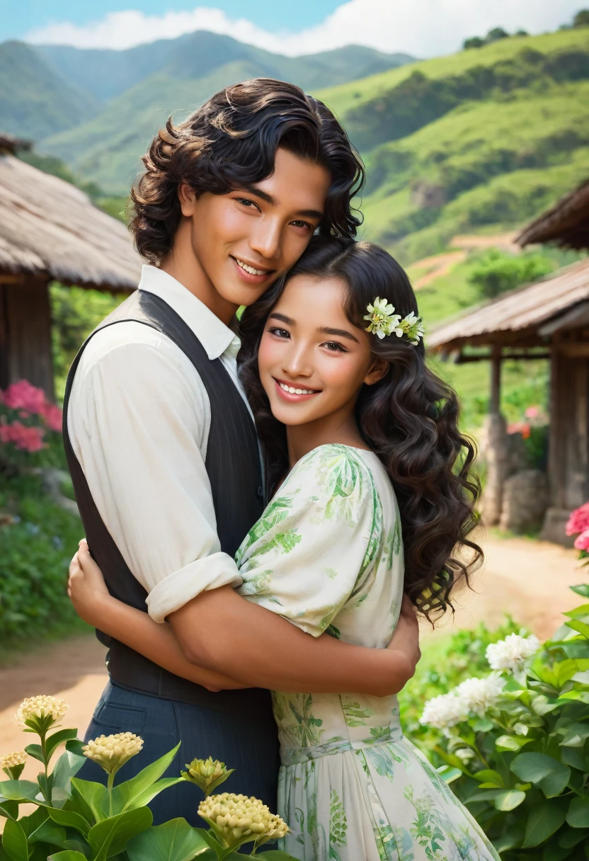 Sakimichan style. wlop style, paisaje,northeastern scenery, beautiful couple with well-defined faces, beautiful long curly hair, skin tanned, brazil, 1936, 40's, hugging a boy with green eyes, short black hair, beautiful smile on perfect lips, rustic setting with mandacarus and flowers from the northeast, Depth of field, high qualiy, high détail, Luminous Studio graphics engine