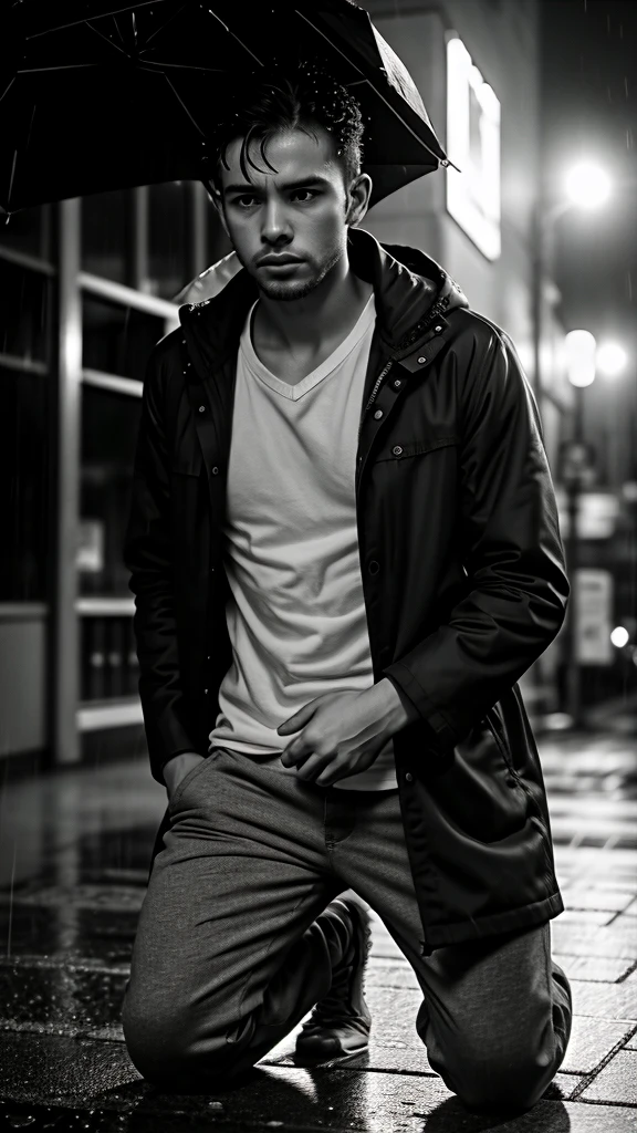a 30 year old fit male kneeling down praying, somber expression, coat and pants, rain, black and white photography, detailed face, realistic, cinematic lighting, photorealistic, dramatic, masterpiece, high quality, 8k, detailed description