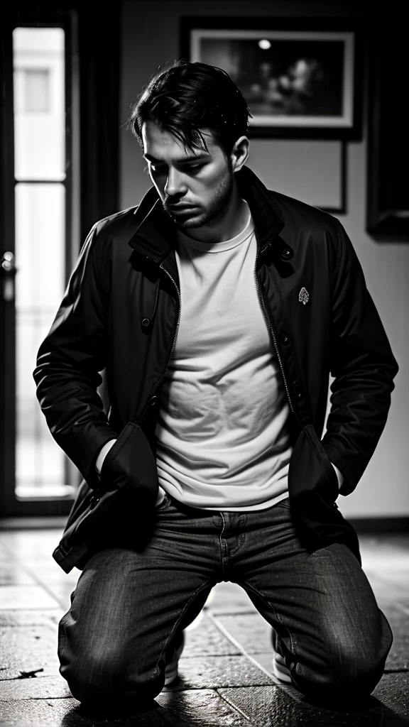a 30 year old fit male kneeling down praying, somber expression, coat and pants, rain, black and white photography, detailed face, realistic, cinematic lighting, photorealistic, dramatic, masterpiece, high quality, 8k, detailed description