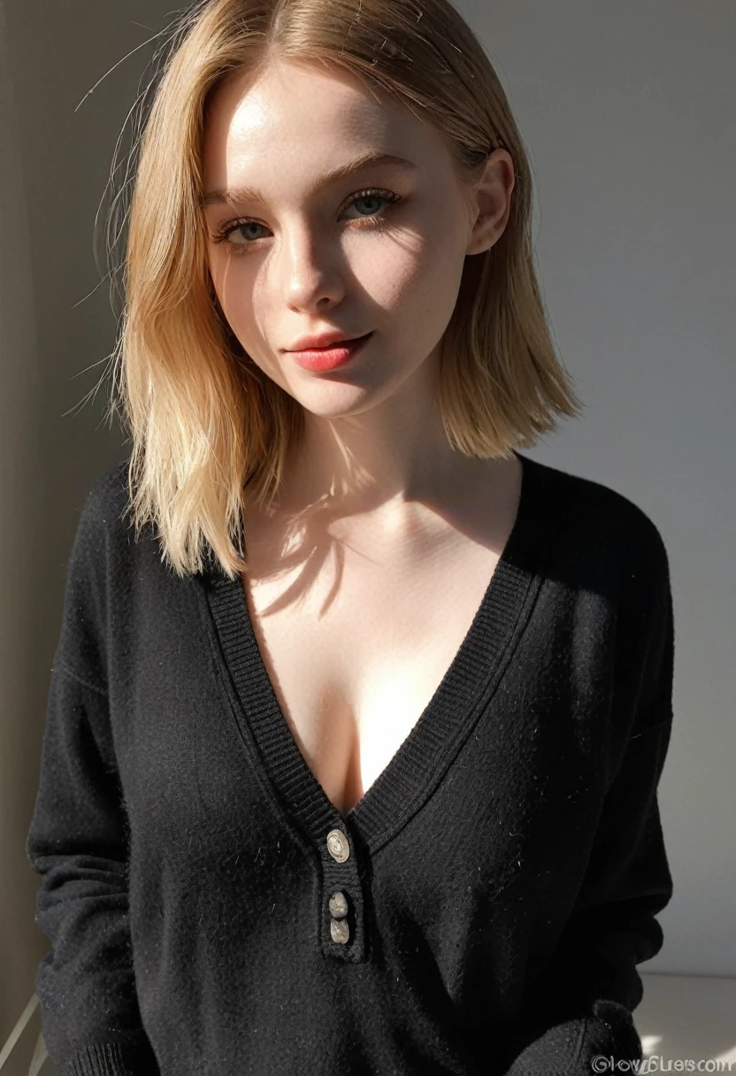 instagram photo, photo of 23 y.o Chloe in black sweater, cleavage, pale skin, (smile:0.4), hard shadows