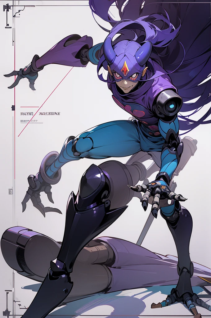 (Masterpiece), concept blueprint of a robot devil man, full body, 1man (inhuman, devil lile features), Jester, Clown style, semi-organic robot, robotic joints, The Fool (tarot), stripes, highly detailed, technical drawing, concept from JoJo's bizzare adventure, "Stand" from JoJo's bizzare adventure, punk outfit, purple and black main colors, extra long hair, 8k hd, goat joints