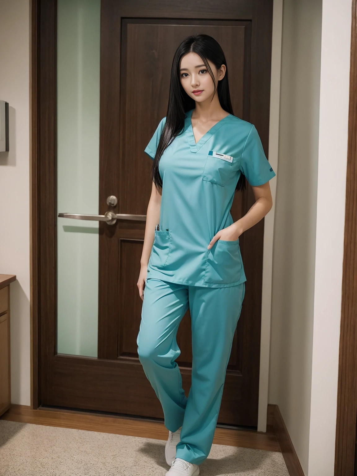 Beautiful girl in scrubs outfit Standing in front of the door, walking into the house.,Medium-sized breasts,long black hair,sexly,ScrubsGreen,realistically,realistic