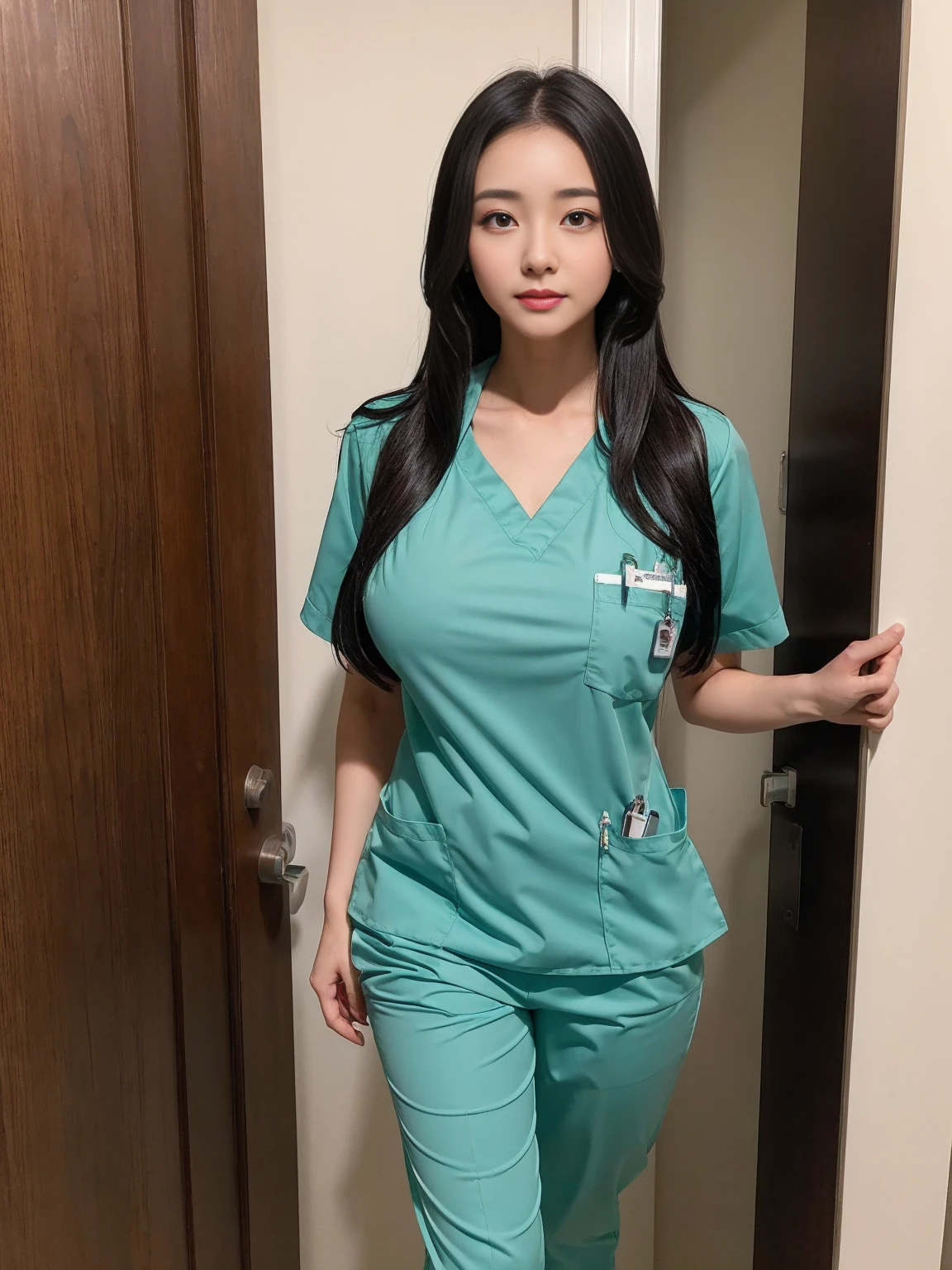 Beautiful girl in scrubs outfit Standing in front of the door, walking into the house.,Medium-sized breasts,long black hair,sexly,ScrubsGreen,realistically,realistic
