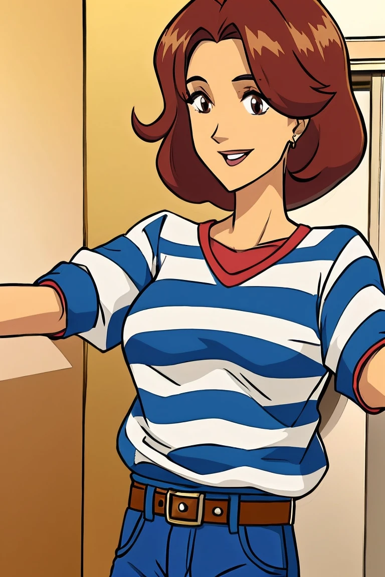 in.I.t.C.h., adult girl, Brown eyes, wide, Red hair, perfect body, White skin, whole body, orange sweater, blue jeans pants with belt, hugging, smiling, , Brown eyes, short hair, Brown hair, White skin, whole body, white shirt blue stripes, long brown shorts.