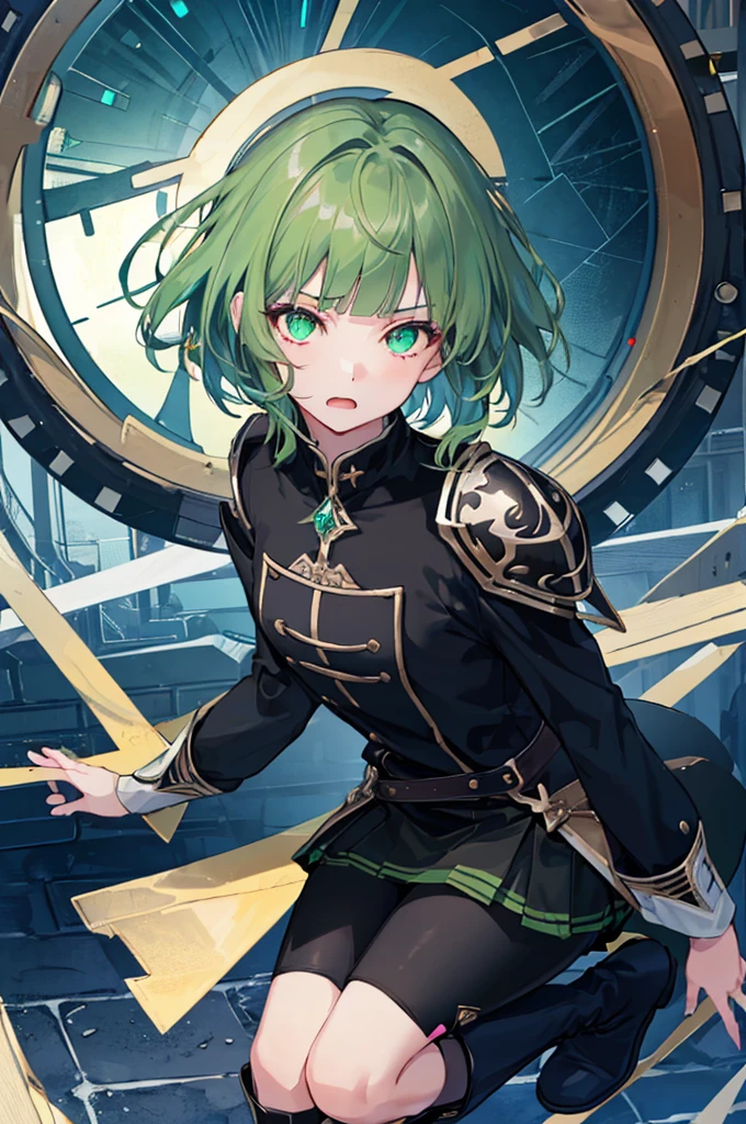 [(with a cathedral background:1.4)::5],original,(shape:1.1),(highest quality),(Tabletop:1.1),(Highly detailed CG Unity 8k wallpaper:1.1), (colorful:0.9),(Mid Shot:0.95),(very detailed beautiful whole body),Dynamic Angle,(alone:1.2), (girl),(((Adult))), (Beautiful eyes in every detail:1.15), (Beautiful Face:1.15), (Glowing green eyes:1.25////),(Gemstone Eyes),(Green Short Hair),(Blunt bangs),((The girl wear a black knight uniform)),Realistic,, girl,Green Hair,((Black long boots)), Black mini skirt,Black knee socks(rage),(Contempt and contempt),rage,(beautiful slender girl),((Adult)),((whole body)),Valkyrie, Decorations,((Thin legs)),((slender girl)),Front Angle,Front Angle,