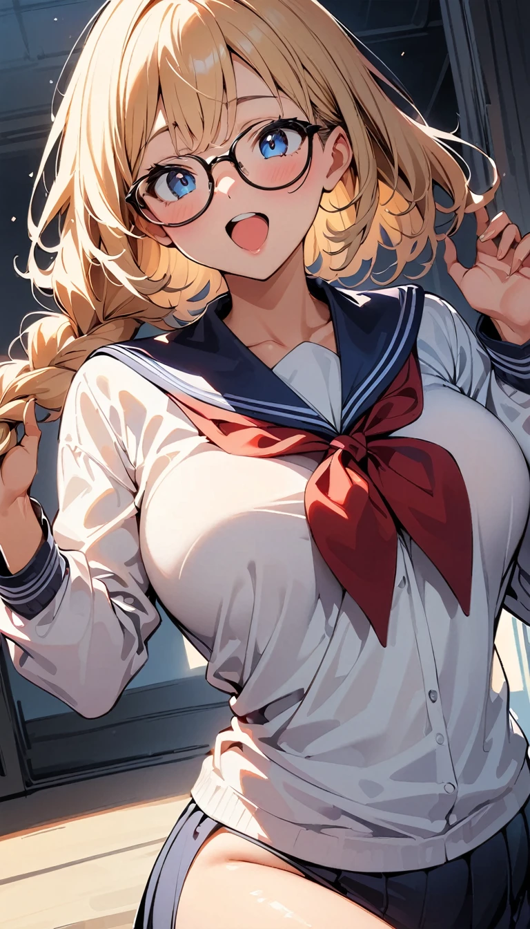 (high quality, 8K, 4K, High Contrast, masterpiece:1.2, 最high quality, Best aesthetics), (Dynamic Angle), ((1 female)), erotic, sexy, Mature Body, ＪＫ, , Braiding, Glasses, sexyな唇, Excited, chairman, Sailor suit:1.2, Open your mouth.