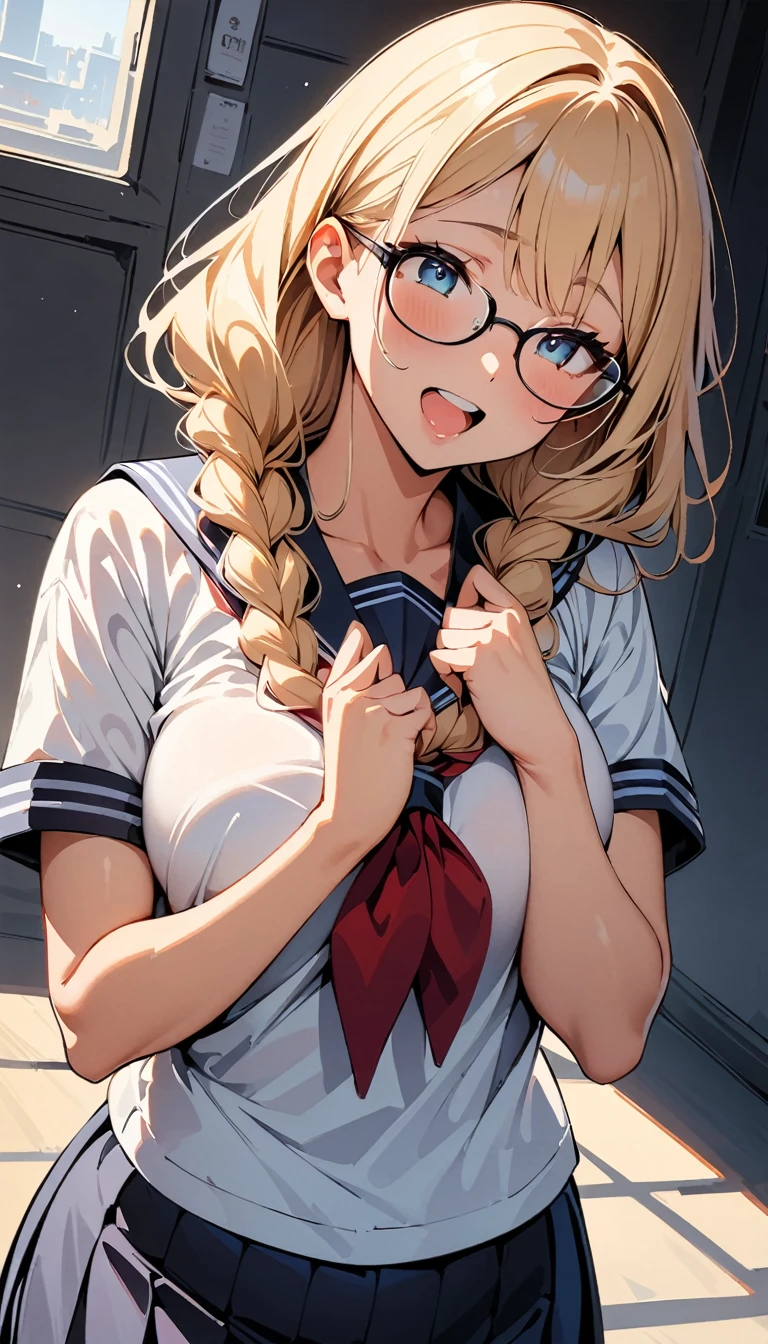 (high quality, 8K, 4K, High Contrast, masterpiece:1.2, 最high quality, Best aesthetics), (Dynamic Angle), ((1 female)), erotic, sexy, Mature Body, ＪＫ, , Braiding, Glasses, sexyな唇, Excited, chairman, Sailor suit:1.2, Open your mouth.