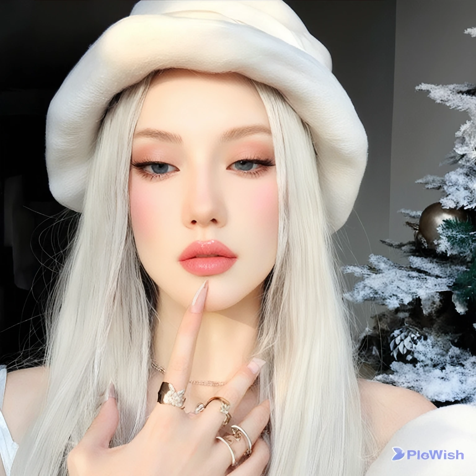 blonde woman with white hat and pink lipstick posing for a photo, pale, snow-white skin, pale porcelain white skin, porcelain white skin, pale milky white porcelain skin, with long white hair, with white long hair, pale - white skin, milky white skin, porcelain white face, white witch, perfect white haired girl, (12x) extremely pale white skin