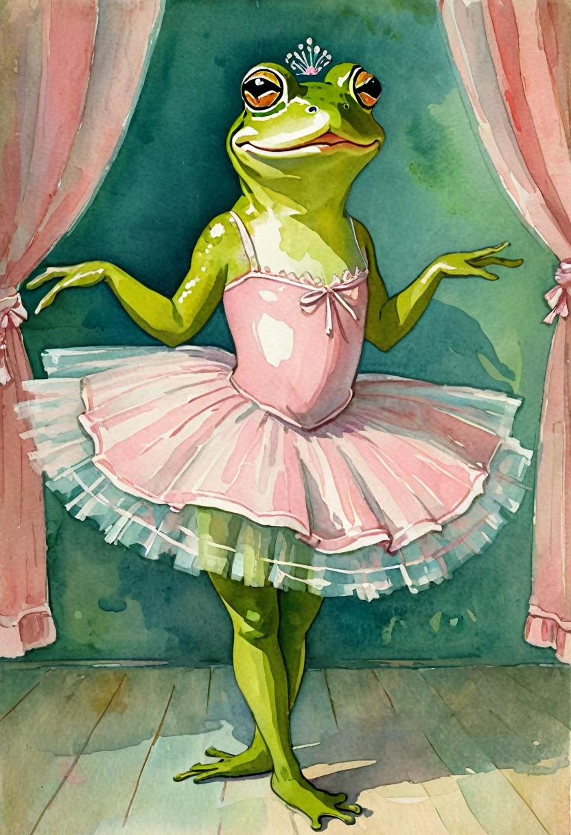 Old vintage card Acting painting, A frog dressed as a ballerina by Anna Silivonchik