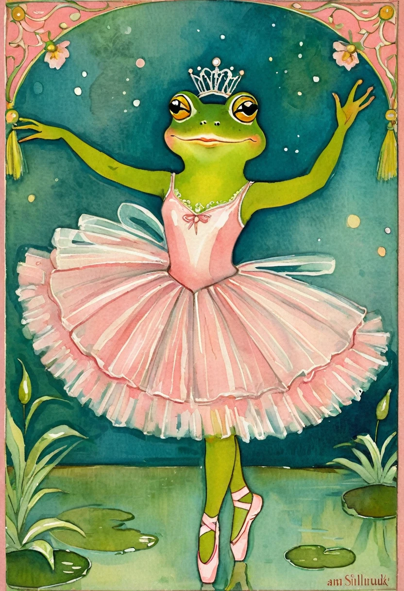 Old vintage card Acting painting, A frog dressed as a ballerina by Anna Silivonchik