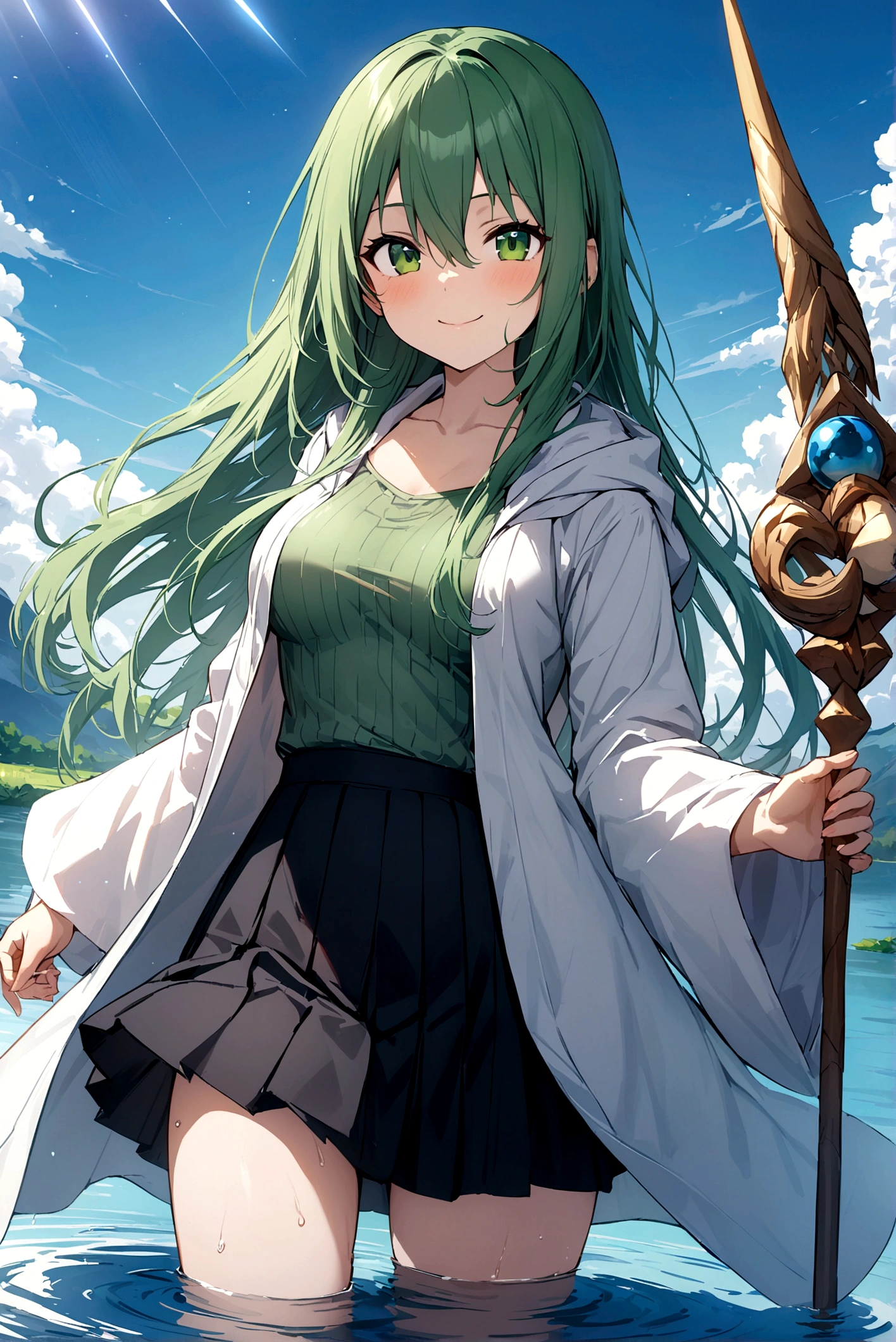 masterpiece, best quality, ultra high quality cg, eria ygo, 1girl, solo, long hair, looking at viewer, skirt, shirt, long sleeves, hair between eyes, medium breasts, closed mouth, collarbone, cowboy shot, pleated skirt, open clothes, hood, wide sleeves, black skirt, blue background, hood down, staff, robe, green shirt, smile, happy, playing on water, lake, duel monster, ribbed shirt, open robe, hooded robe