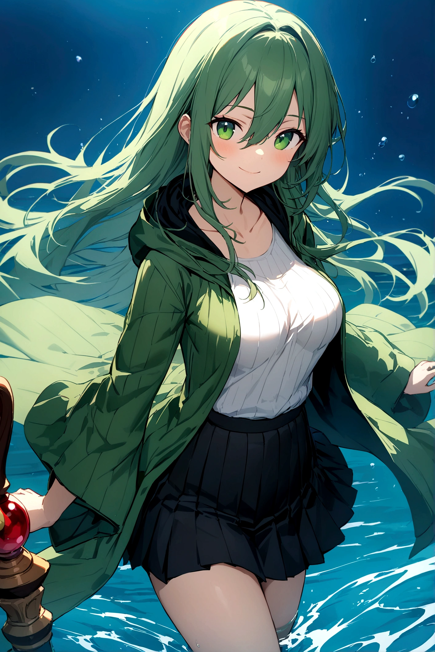 masterpiece, best quality, ultra high quality cg, eria ygo, 1girl, solo, long hair, looking at viewer, skirt, shirt, long sleeves, hair between eyes, medium breasts, closed mouth, collarbone, cowboy shot, pleated skirt, open clothes, hood, wide sleeves, black skirt, blue background, hood down, staff, robe, green shirt, smile, happy, playing on water, lake, duel monster, ribbed shirt, open robe, hooded robe