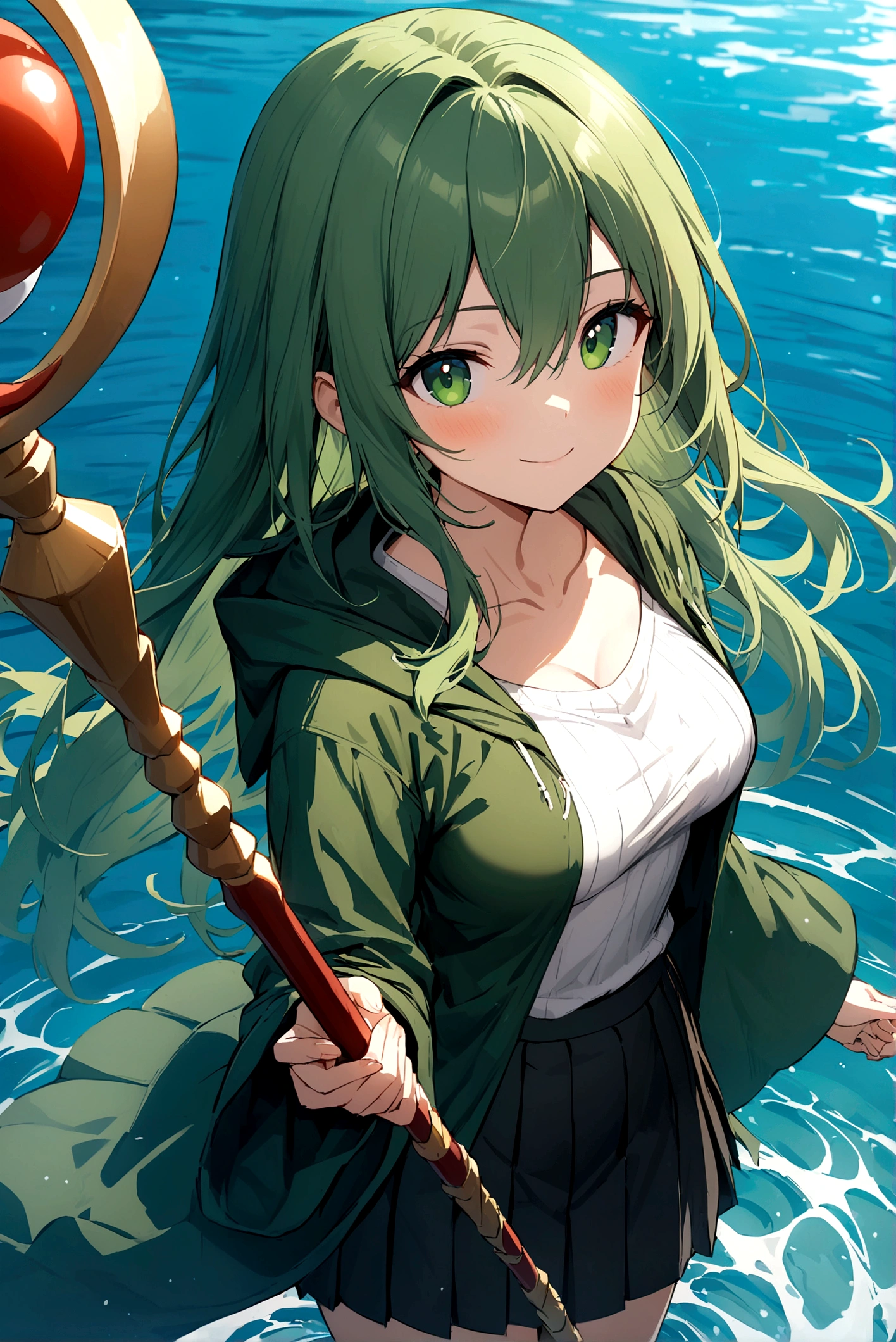 masterpiece, best quality, ultra high quality cg, eria ygo, 1girl, solo, long hair, looking at viewer, skirt, shirt, long sleeves, hair between eyes, medium breasts, closed mouth, collarbone, cowboy shot, pleated skirt, open clothes, hood, wide sleeves, black skirt, blue background, hood down, staff, robe, green shirt, smile, happy, playing on water, lake, duel monster, ribbed shirt, open robe, hooded robe
