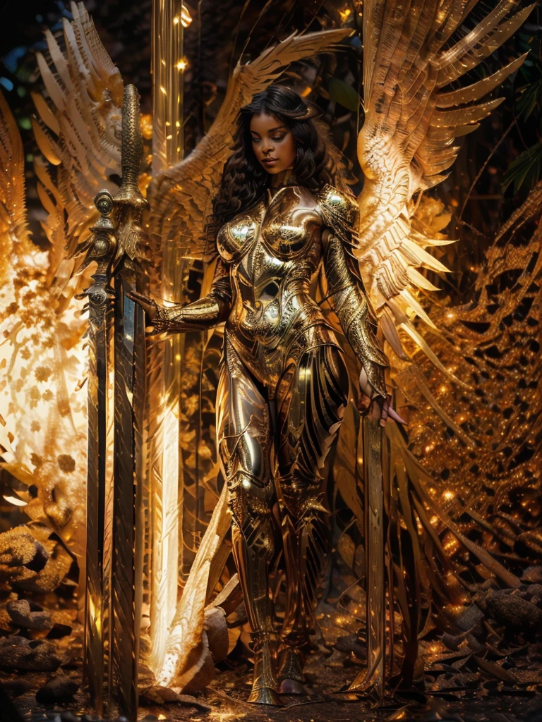 (naked angel girl)), big gold robotic angel wings, ((jungle above)),  (best quality, 8K, Masterpiece: 1.3)), Sharp focus: 1.2, full body, Beautiful woman with a perfect figure: 1.4, Slim stomach: 1.2, ((long curly hair, Large round breasts)), (futuristic Elegant golden armor with intricate details.), walk, Highly detailed facial and skin texture,Detailed eyes, masterpiece