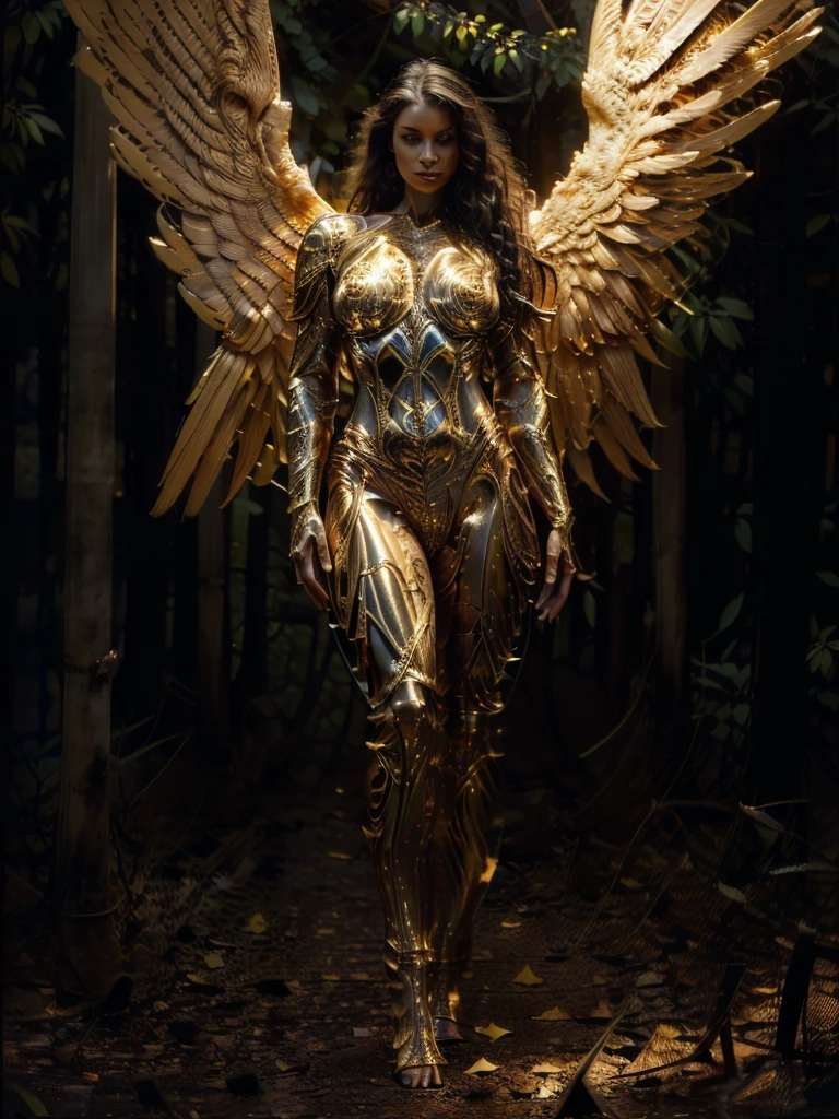 (naked angel girl)), big gold robotic angel wings, ((jungle above)),  (best quality, 8K, Masterpiece: 1.3)), Sharp focus: 1.2, full body, Beautiful woman with a perfect figure: 1.4, Slim stomach: 1.2, ((long curly hair, Large round breasts)), (futuristic Elegant golden armor with intricate details.), walk, Highly detailed facial and skin texture,Detailed eyes, masterpiece