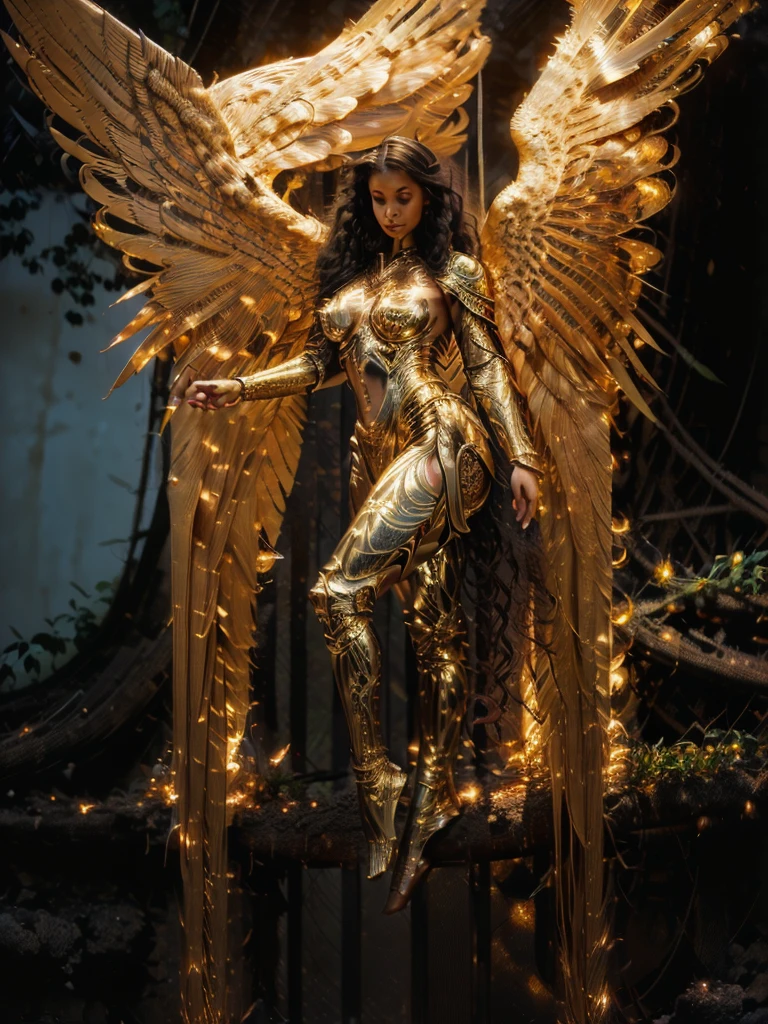 (naked angel girl)), big gold robotic angel wings, ((jungle above)),  (best quality, 8K, Masterpiece: 1.3)), Sharp focus: 1.2, full body, Beautiful woman with a perfect figure: 1.4, Slim stomach: 1.2, ((long curly hair, Large round breasts)), (futuristic Elegant golden armor with intricate details.), walk, Highly detailed facial and skin texture,Detailed eyes, masterpiece