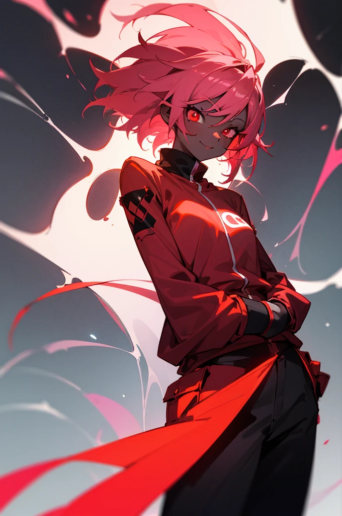 black skin, anime man, happy, glowing red eyes, glowing red tattoos, medium length glowing dark pink hair, wearing a black outfit, arms in pockets