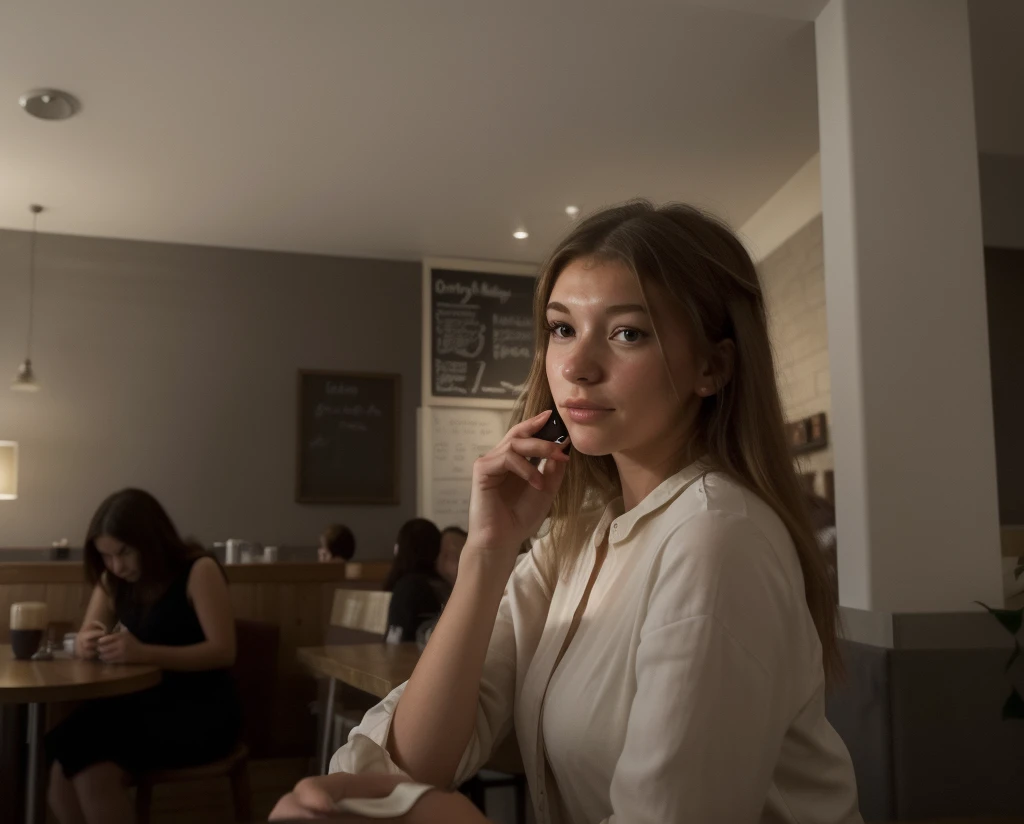 a portrait photo of a beautiful young woman in a coffee shop, looking at viewer, tenant le telephone avec des ombres et des contrastes breckie_hill_new