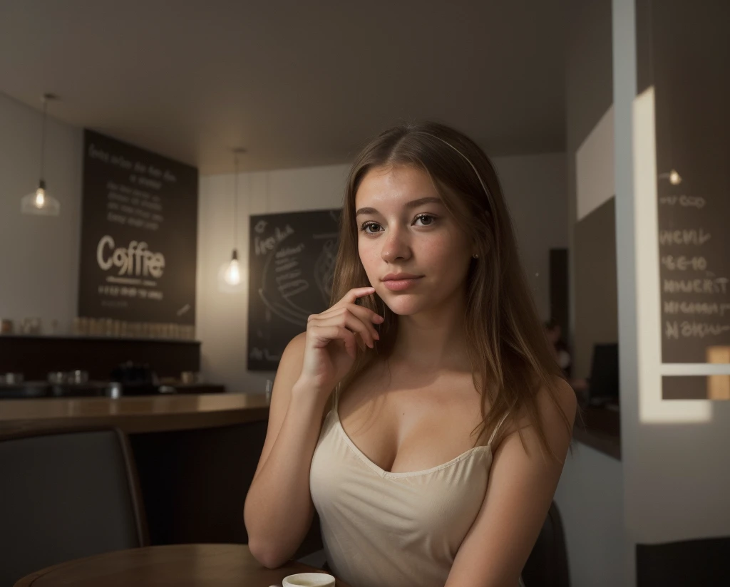 a portrait photo of a beautiful young woman in a coffee shop, looking at viewer, tenant le telephone avec des ombres et des contrastes breckie_hill_new