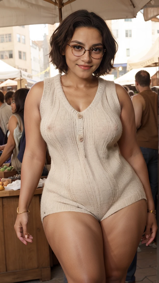 mirabel madrigal, glasses, smile, ((sleeveless sweater)), market background (((brown skin))), detailed skin, perfect legs, perfect thighs, (((curvy body))), BIG BREASTS, NUDE INVITING TO SEX