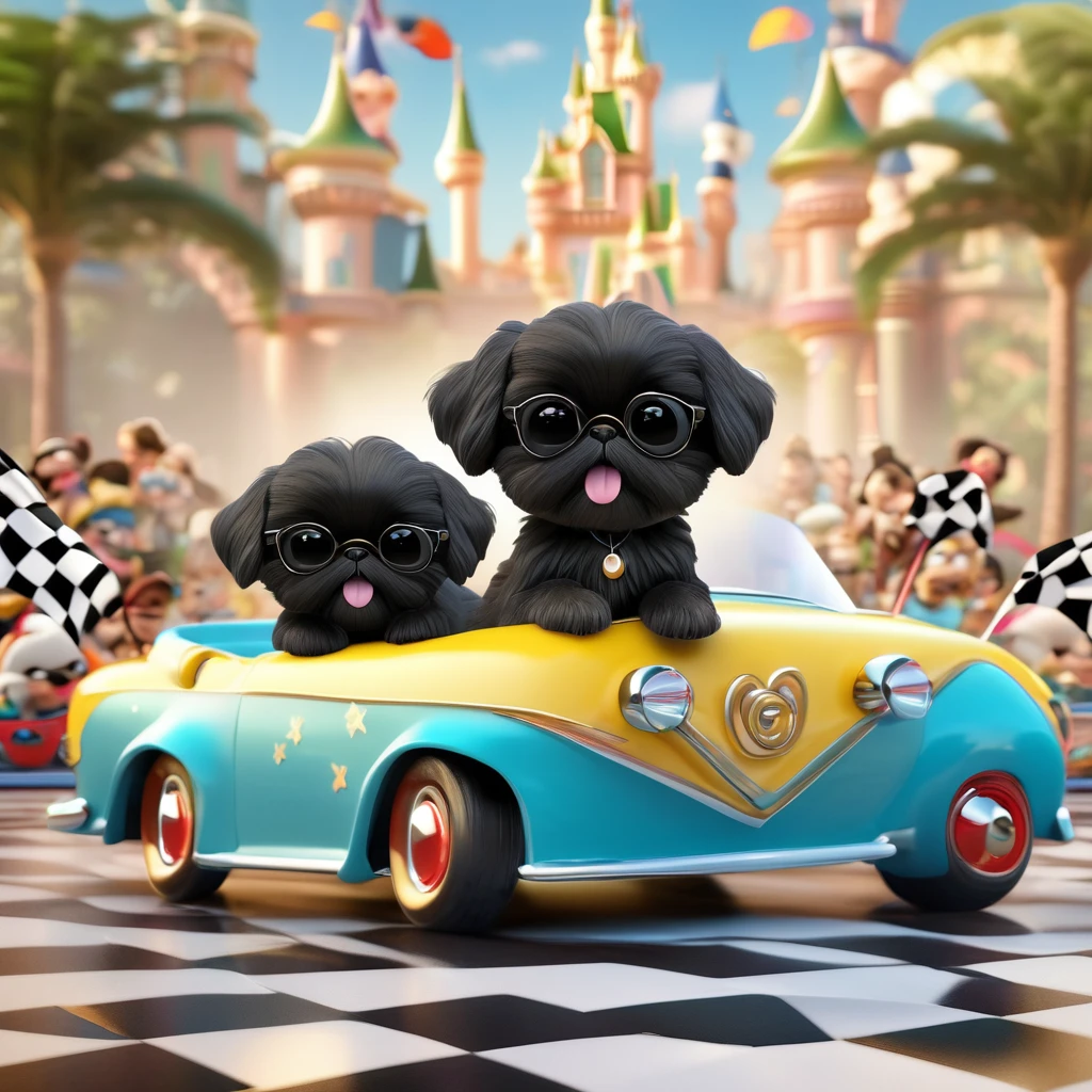 2 Adorable small black Shih Tzu puppies wearing bright sunglasses car racing Disney background 3d cartoon 3d render disney pixar style