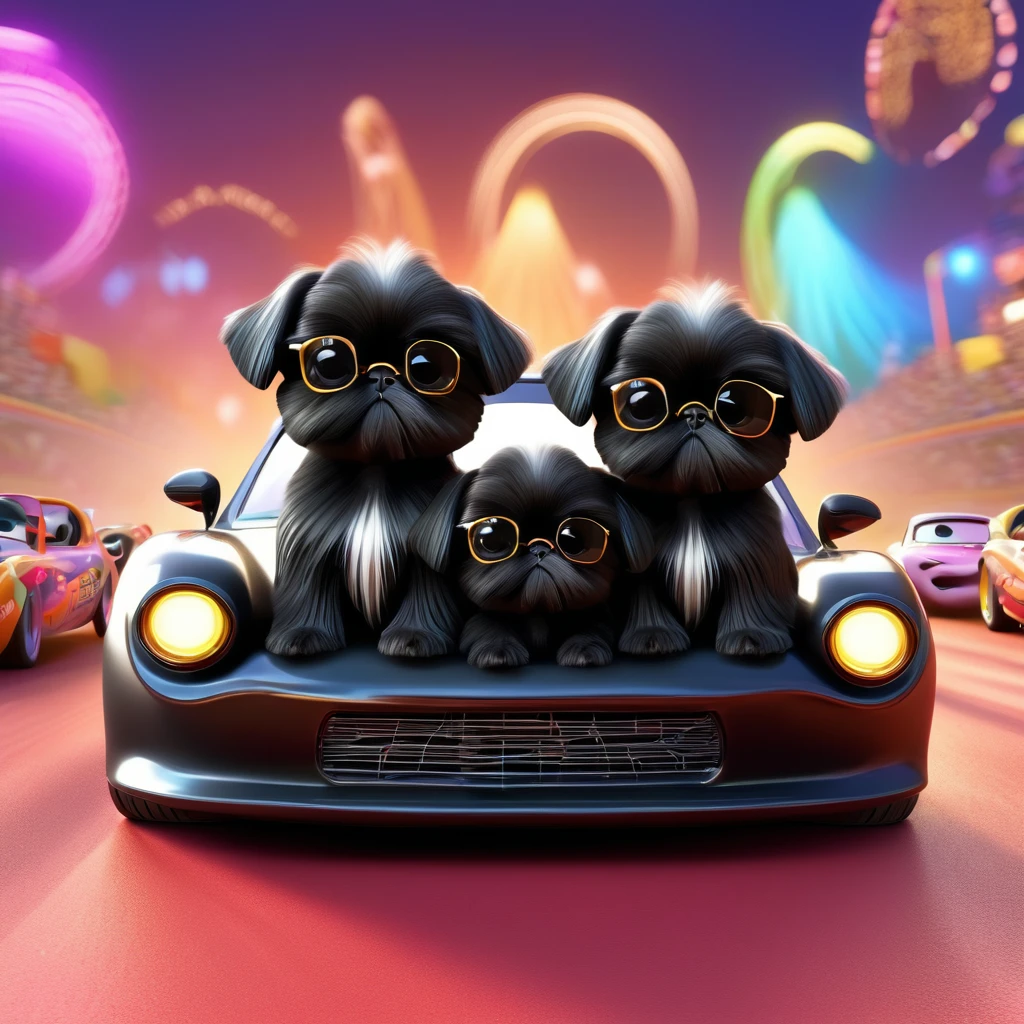 2 Adorable small black Shih Tzu puppies wearing bright sunglasses car racing Disney background 3d cartoon 3d render disney pixar style