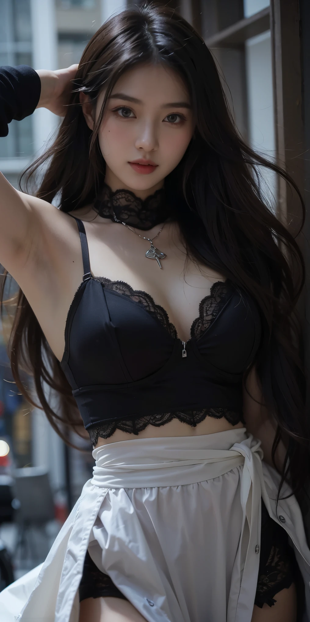 Beautiful Japanese Waifu, early 30s, brunette hair, black lace bra
