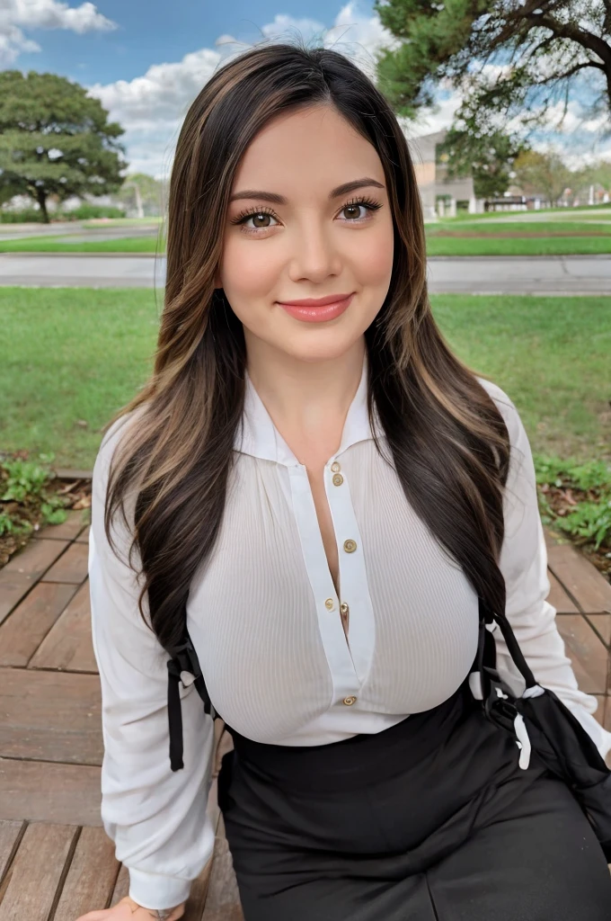 ((best quality, 8K, masterpiece:1.3)), A beautiful girl, pure, Oval face, Gentle and lovely, Sweet smile, pure desire, lose weight, (Frontal lobe), (Tilting your head), Look directly at the camera, , Heart, formal, Black silky long straight hair, Long hair shawl, Large target, round, black eyes, Clear big eyes, Hydrating red lips, Sweet, Sitting on the roadside, Blue sky and white clouds, Grass, architecture,