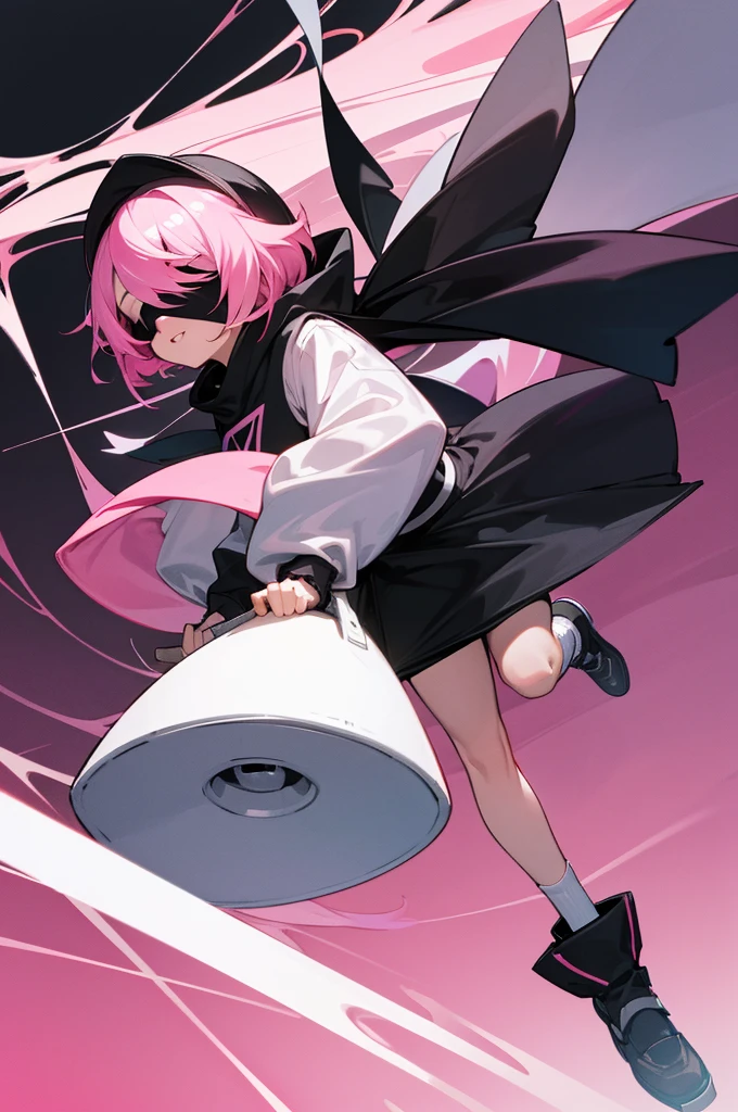 2B_NA, pink hair, black blindfold, black hairband, with a white sweatshirt, with long black socks, happy