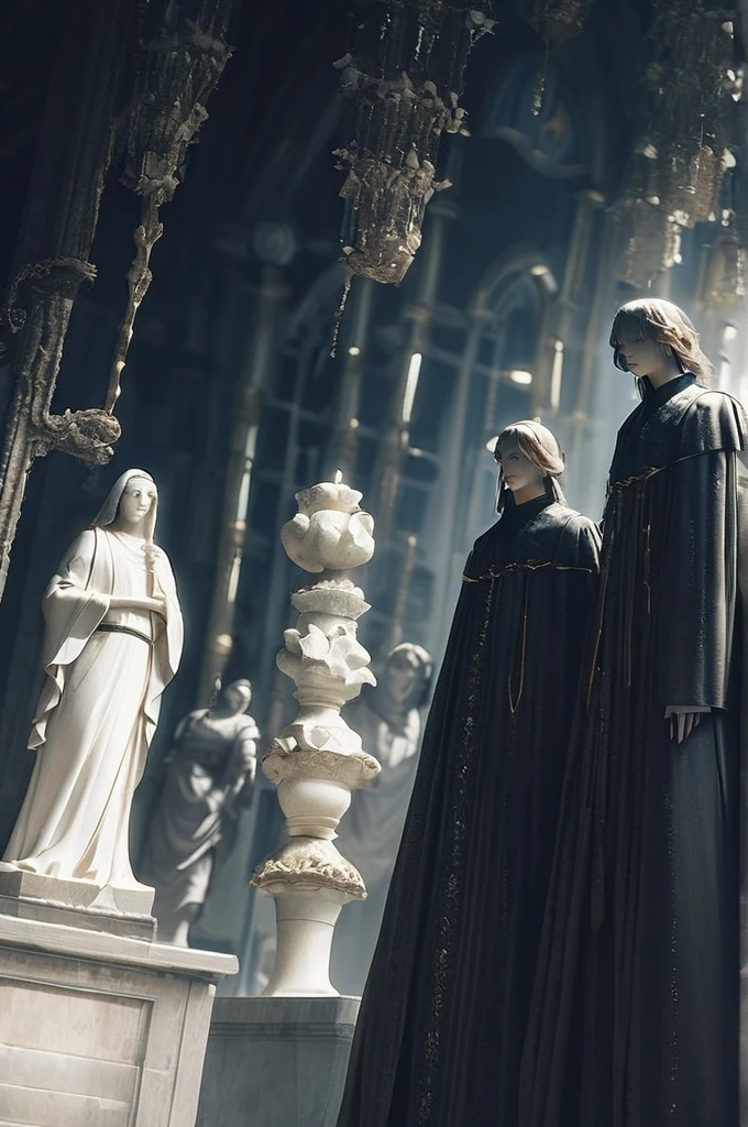 ((Лучшее качество)), ((шедевр)), (подробный), A black Gothic castle in the vicinity with statues