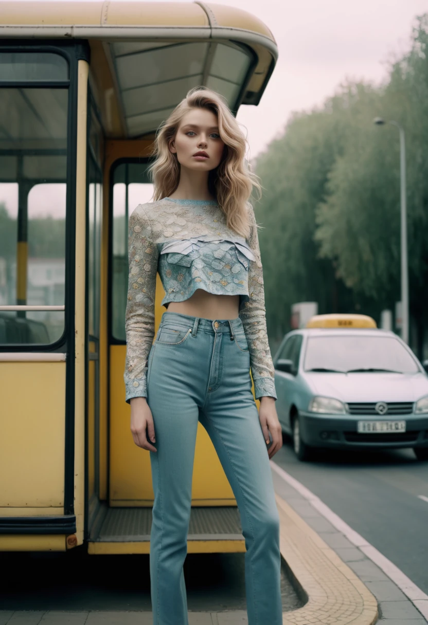 a woman wearing a cropped top and jeans standing in front of the bus stop, in the style of Oleg Oprisco, video, Jocelyn Hobbie, soft, muted tones, close up, wavy, Nick Knight --ar 36:55 --stylize 750 --v 6