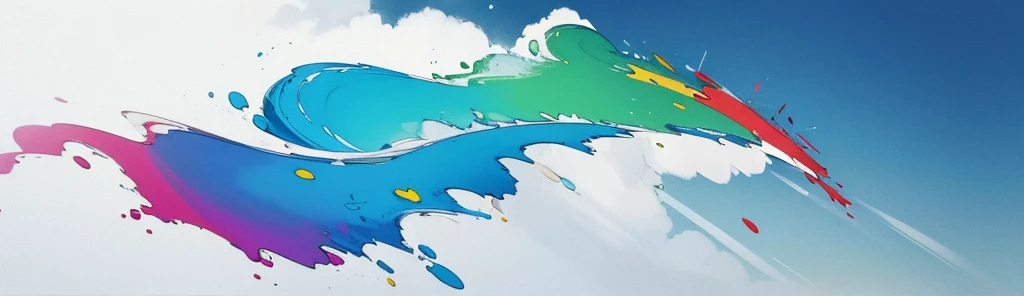 paints of various colors fly into the air and splash, forming small uninhabited painted islands, all the paints come out of a single point and expand exponentially. high image quality, with contours giving volume to the flying ink. Totally white background, no shadows