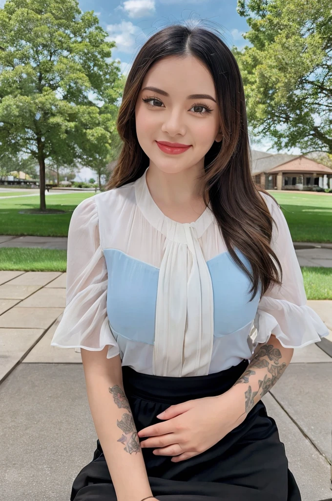 ((best qualtiy, 8K, tmasterpiece:1.3)), Cute Maiden，pure，Melon Seed Face，gentle and cute，A sweet smile，pure lust，Thin stature，(frontage)，(tilt your head)，staring directly at camera，uniform, Obi, Formal，Black Silky Long, Straight hair，long hair flowing over the shoulders，round black big eyes，clear big eyeoisturized red lips，Dolce，sit on the side of the road，with blue sky and white clouds，grass field，Buildings，（Chiffon skirt，Chiffon tops）Telephoto photography，Pear swirl smiled