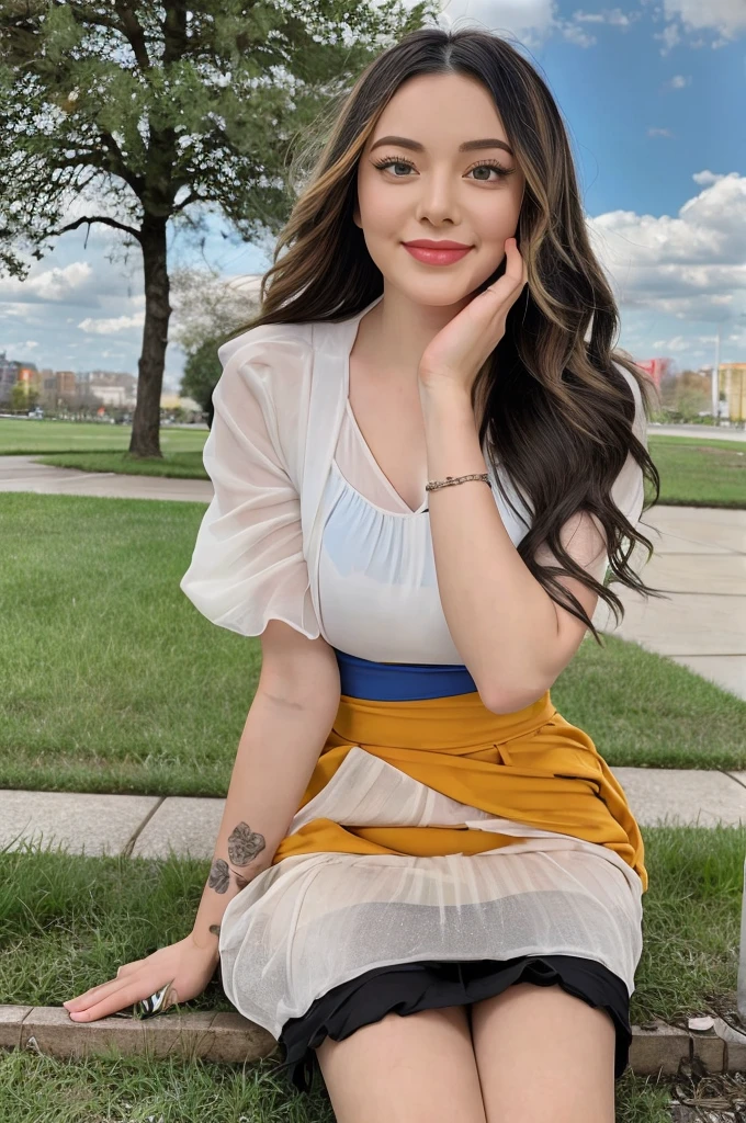 ((best qualtiy, 8K, tmasterpiece:1.3)), Cute Maiden,pure,Melon Seed Face,gentle and cute,A sweet smile,pure lust,Thin stature,(frontage),(tilt your head),staring directly at camera,uniform, Obi, Formal,Black Silky Long, Straight hair,long hair flowing over the shoulders,round black big eyes,clear big eyeoisturized red lips,Dolce,sit on the side of the road,with blue sky and white clouds,grass field,Buildings,(Chiffon skirt,Chiffon tops)Telephoto photography,Pear swirl smiled