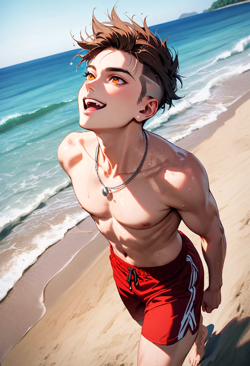 A young man, 21-years-old, solo, Caucasian,  face, wild spiky undercut brown hair, orange eyes, daring smile, mouth open, no shirt, shirtless, red swimming trunks, thin silver necklace, beach, walking, facing upwards, looking away from viewer, wet