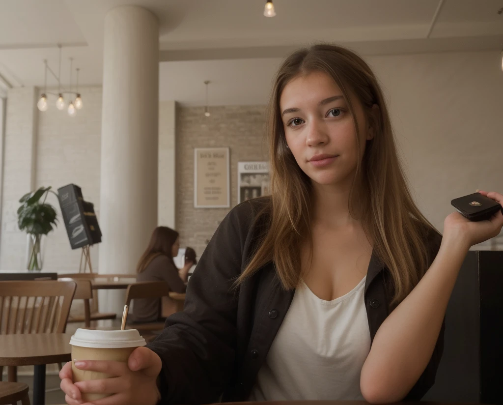 a portrait photo of a beautiful young woman in a coffee shop, looking at viewer, tenant le telephone avec des ombres et des contrastes breckie_hill_new
