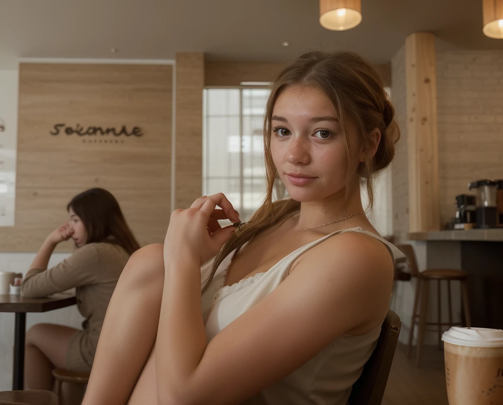 a portrait photo of a beautiful young woman in a coffee shop, looking at viewer, tenant le telephone breckie_hill_new