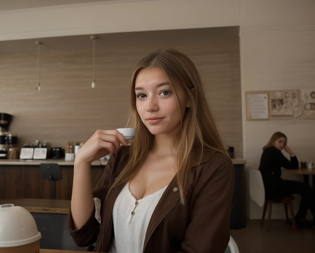 a portrait photo of a beautiful young woman in a coffee shop, looking at viewer, tenant le telephone breckie_hill_new