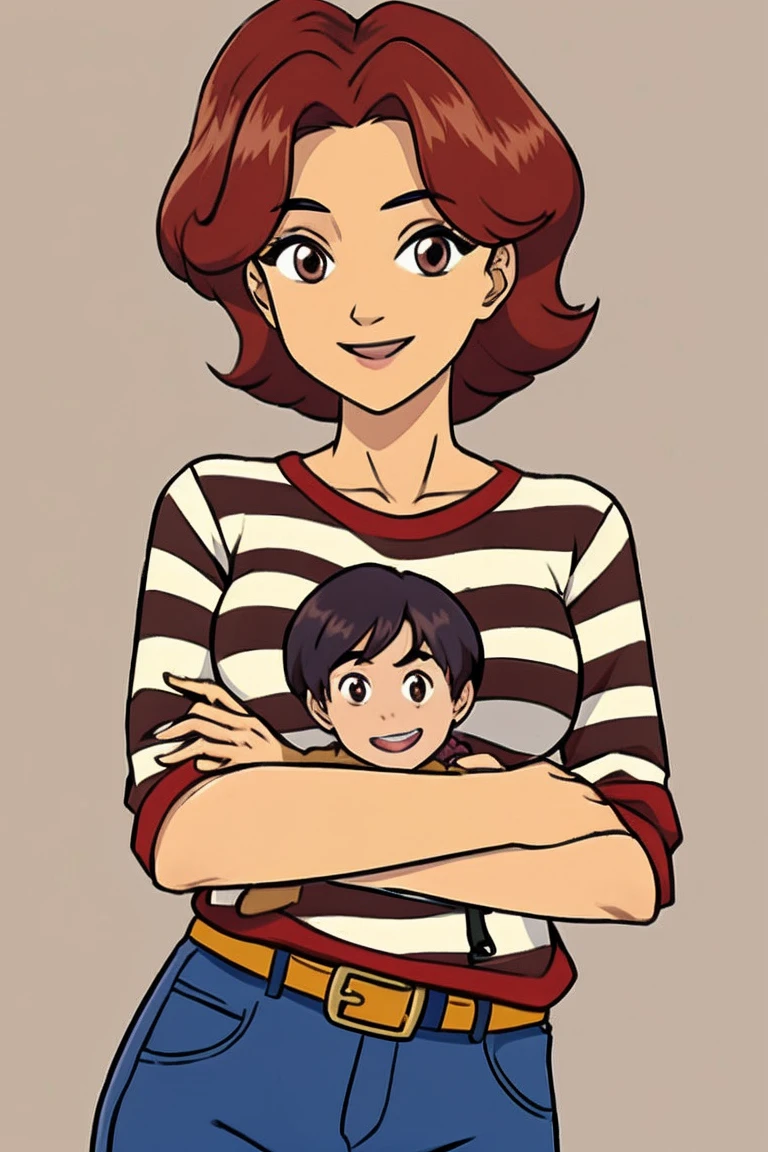 in.I.t.C.h., adult girl, Brown eyes, wide, Red hair, perfect body, White skin, whole body, orange sweater, blue jeans pants with belt, hugging, smiling. , Brown eyes, short hair, Brown hair, White skin, whole body, white shirt blue stripes, long brown shorts.